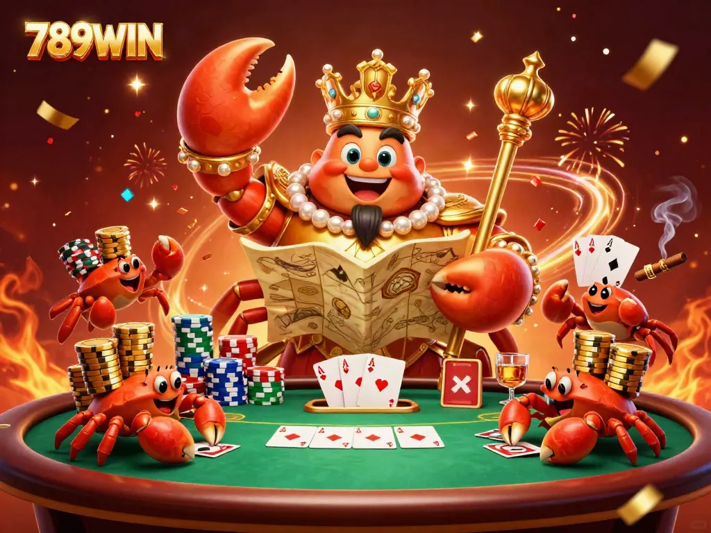 Experience the excitement of 789WIN with a vibrant scene featuring a golden crab emperor and playful hermit crab servants amidst dynamic casino elements.