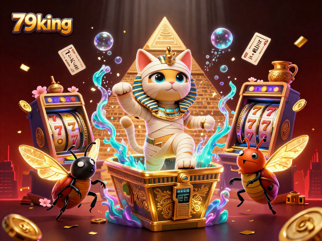 Experience the vibrant excitement of 79king casino with an Egyptian mummy cat, slot reels, and rich golden elements.