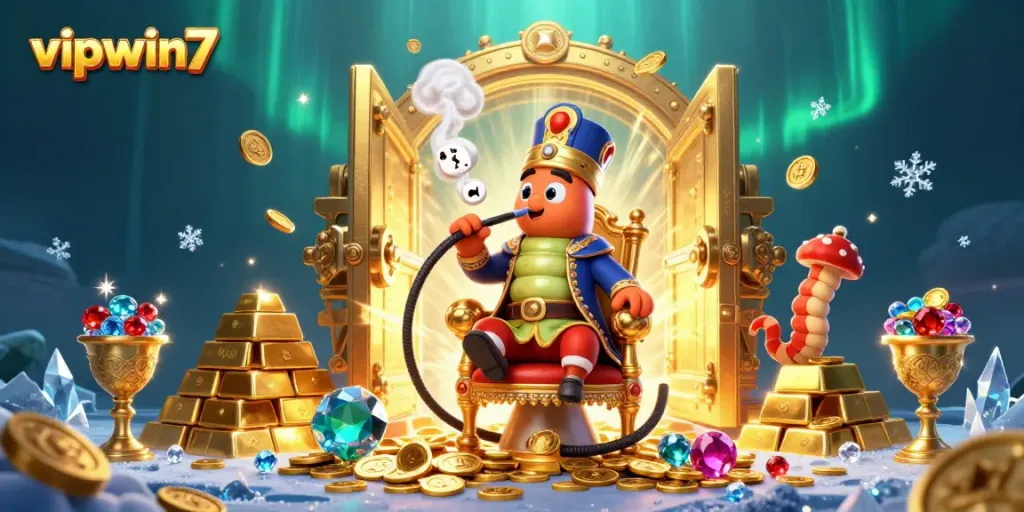 Engage with vipwin7 in a vibrant, rich casino scene featuring an animated caterpillar master.