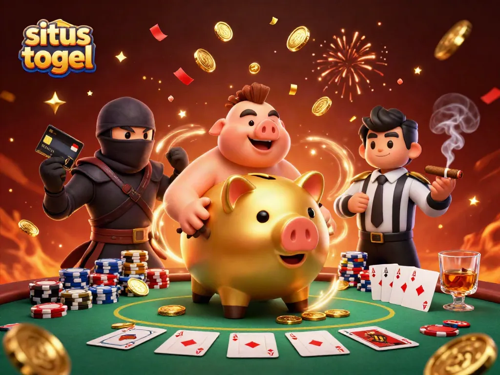 Engage with situs togel through an energetic 3D scene featuring a golden piggy bank sumo wrestler and vibrant casino elements.