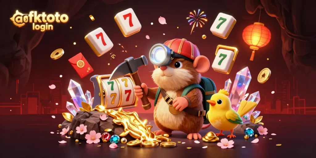 A vibrant illustration depicting the afktoto login with a treasure hunter mole and canary in a rich casino-themed cave.