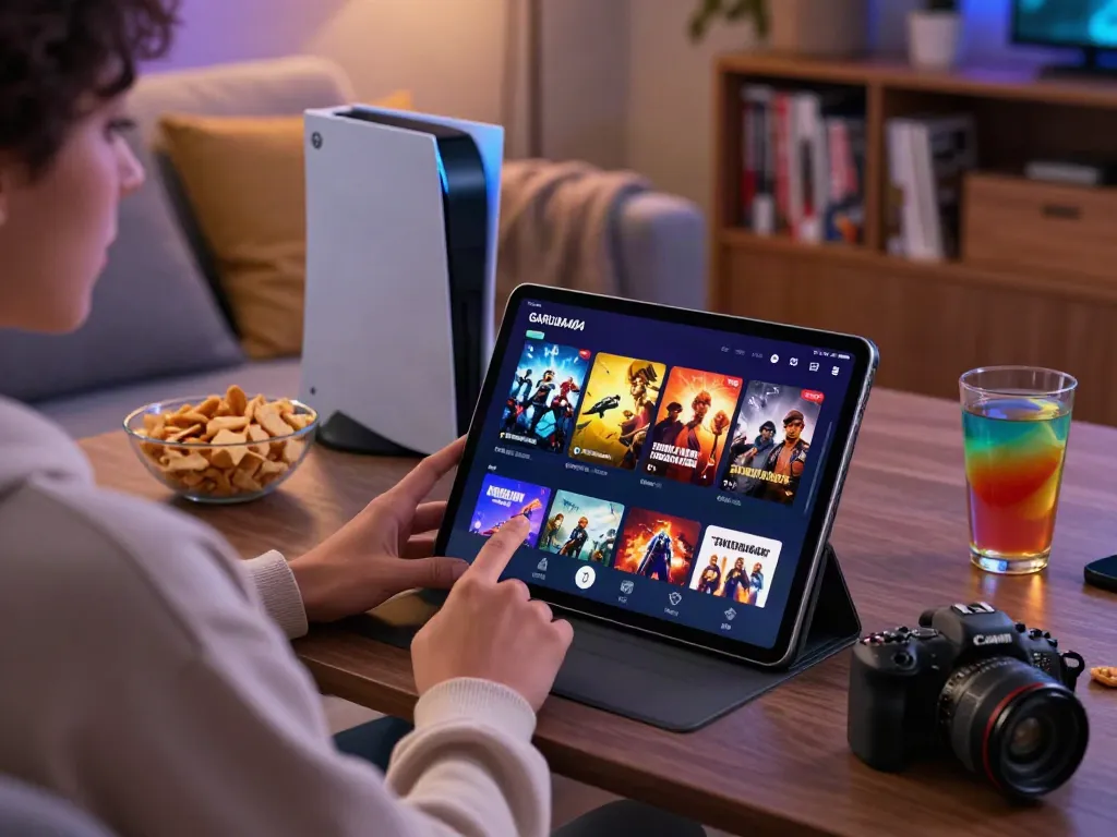 Enjoying GARUDA404 platform on tablet in a cozy living room with vibrant game options displayed.