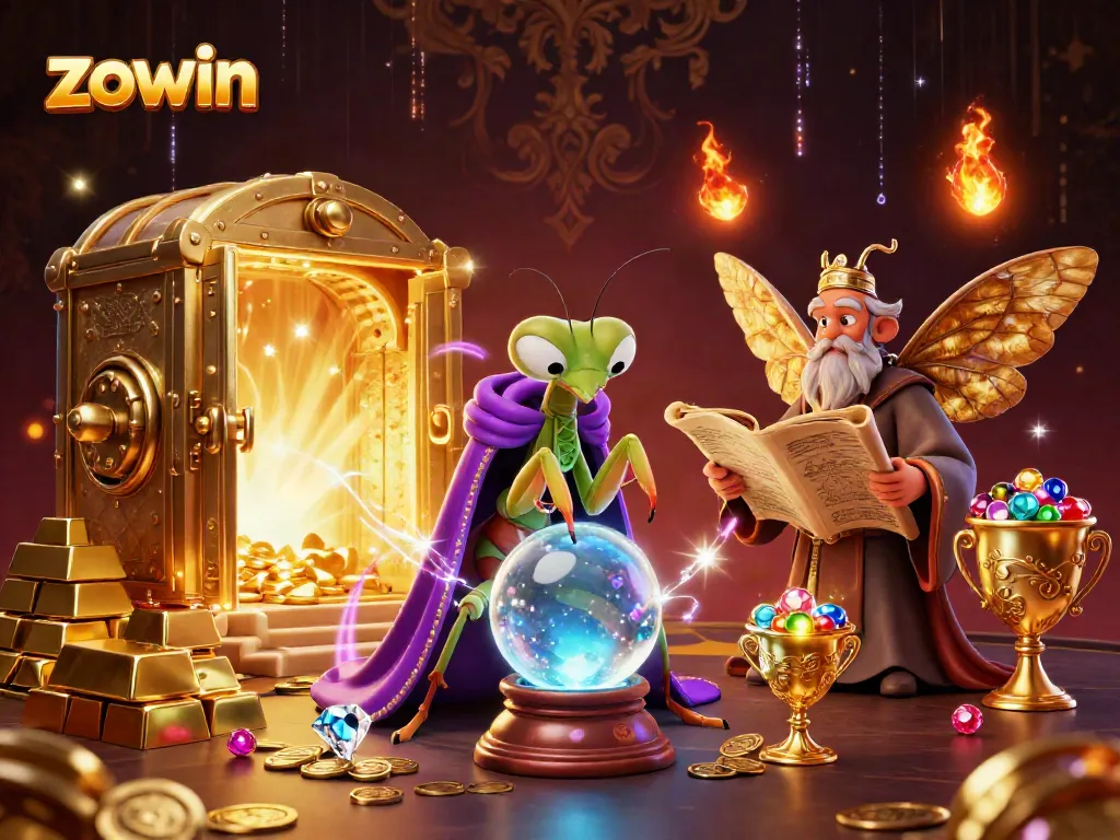 Experience the magia of zowin with vibrant casino elements and characters in a mystical setting.
