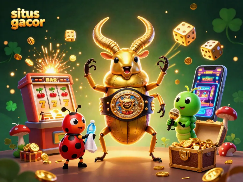Experience the thrill of situs slot gacor with a lively scene of a golden stag beetle and vibrant slot symbols.