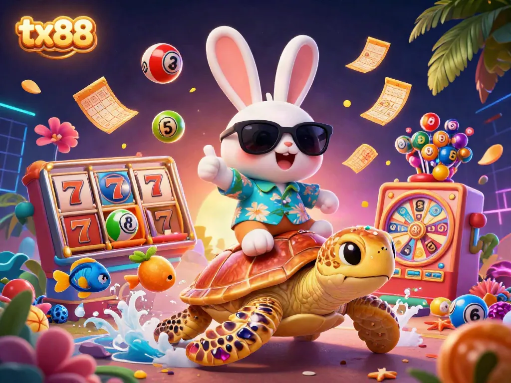 Experience the excitement of tx88 with a lucky rabbit and golden sea turtle in a vibrant casino scene.