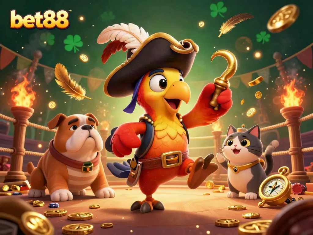 Join the excitement of bet88 with a dynamic 3D illustration featuring a pirate captain and colorful casino elements.