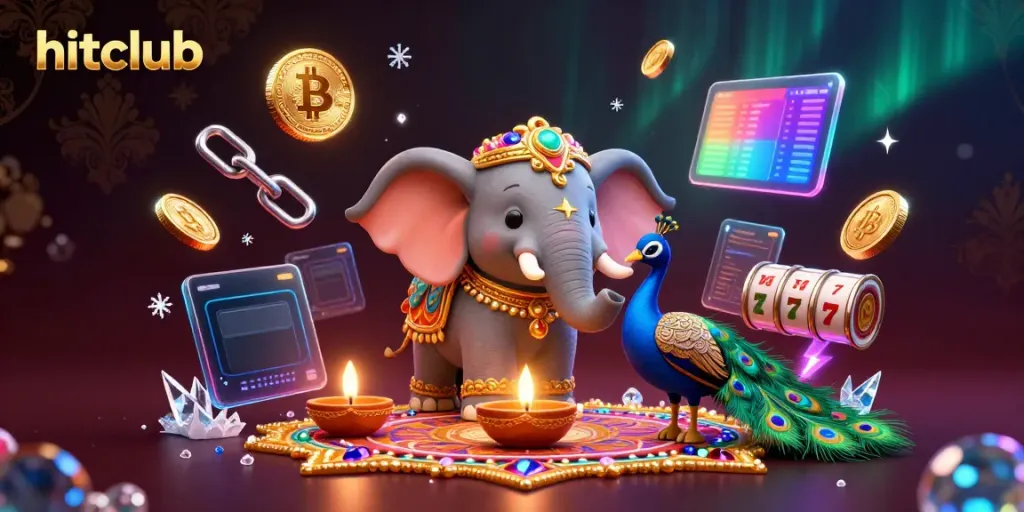 Experience the thrill at hitclub with vibrant slot reels and festive elements in a rich 3D scene.