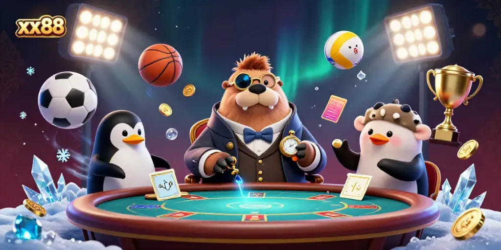 Experience the excitement of xx88 with a jolly walrus at a poker table surrounded by dynamic sports elements.