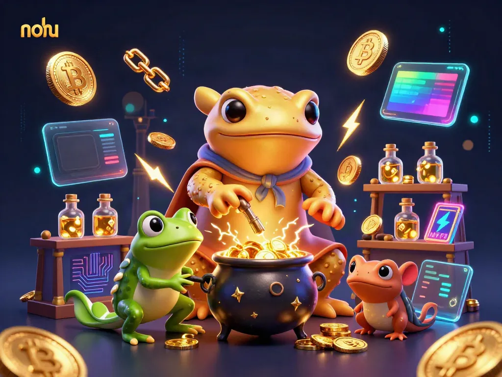 Experience thrilling jackpots at NOHU with exciting 3D illustration of alchemists and gold coins.